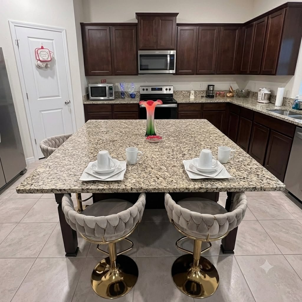 Clean kitchen island with granite countertop set for a meal